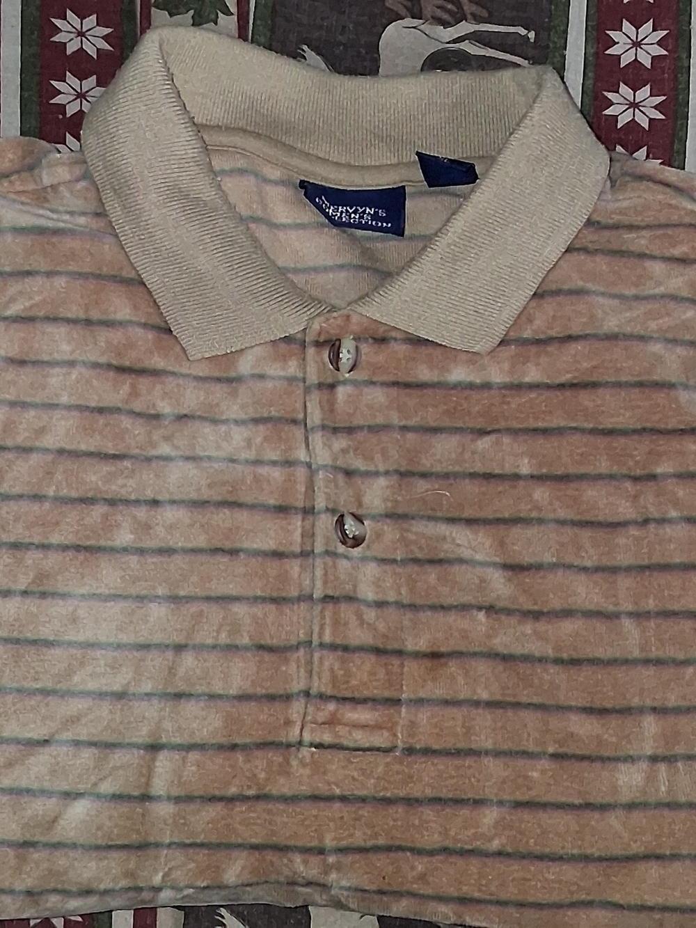 Vintage Velour Polo Shirt XL Striped Tan Long Sleeve 80s Collared Banded Hem